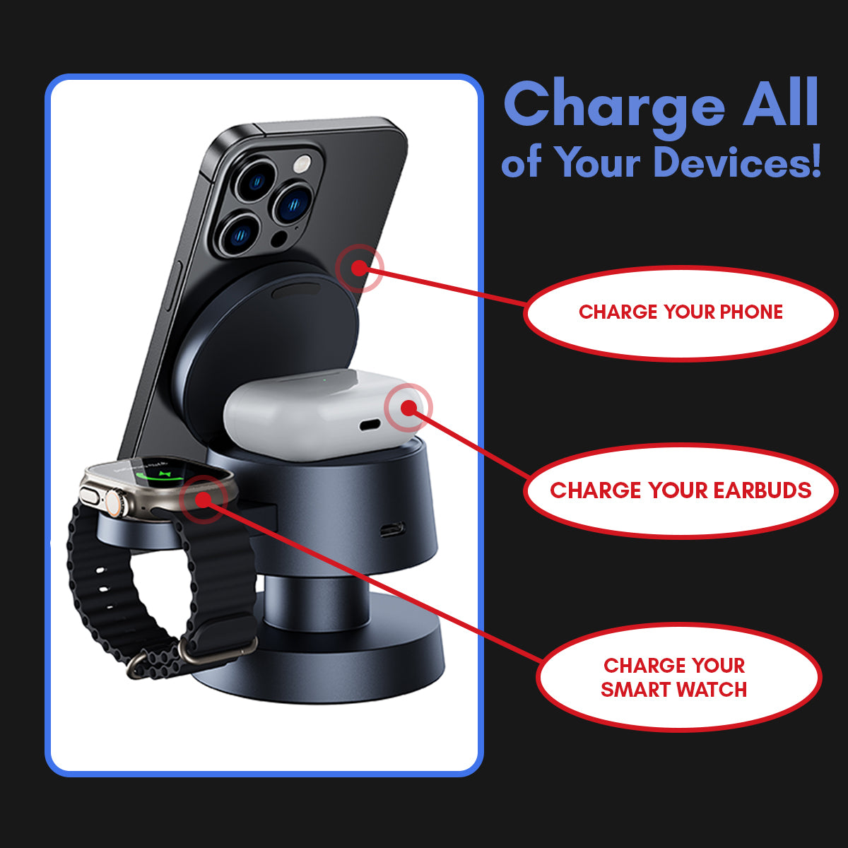 All in 1 wireless charge station - ear bud, watch and phone simultaneously