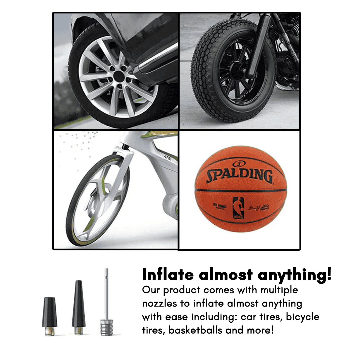 Tire Inflator Comes with multiple nozzles