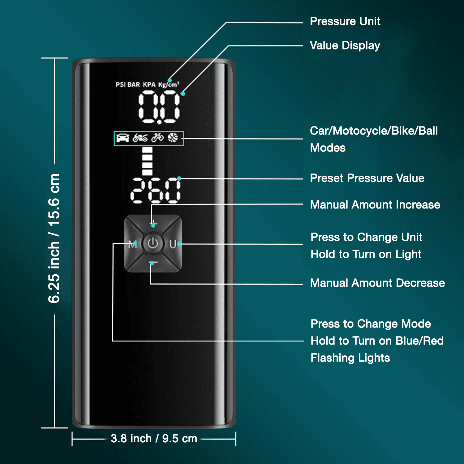 Adreama tire inflator display functions