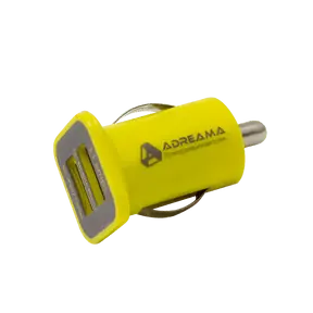 Car Charger with Two USB-A Ports, Yellow, Angle View.