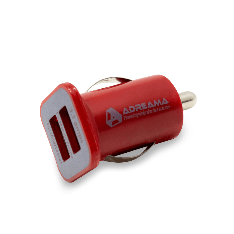 Car Charger with Two USB-A Ports, Red, Angle View.