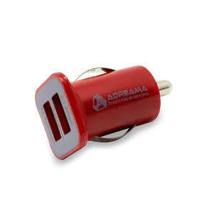 Car Charger with Two USB-A Ports, Red, Angle View.
