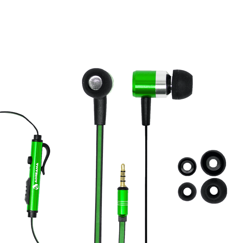 Wired Earphones with Mic, Audio Jack, and Replacement Earbuds, Green Color.