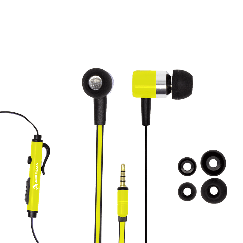 Wired Earphones with Mic, Audio Jack, and Replacement Earbuds, Yellow Color.