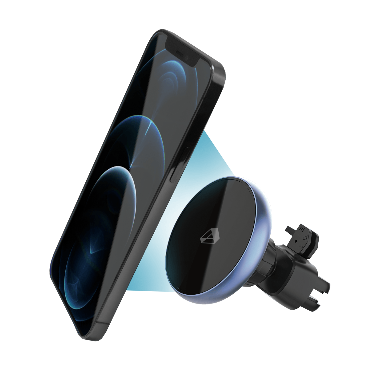 MagSafe Phone Car Mount, Three-quarter angle view, Cell Phone Holder for Car showing Magnetic Hold on an iPhone.