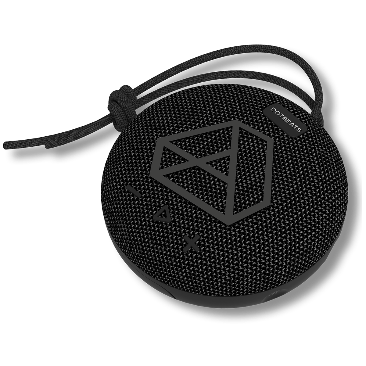 DOTBEATS Mini Wireless Bluetooth Speaker, Black, Right Side, Three-quarter Angle View.