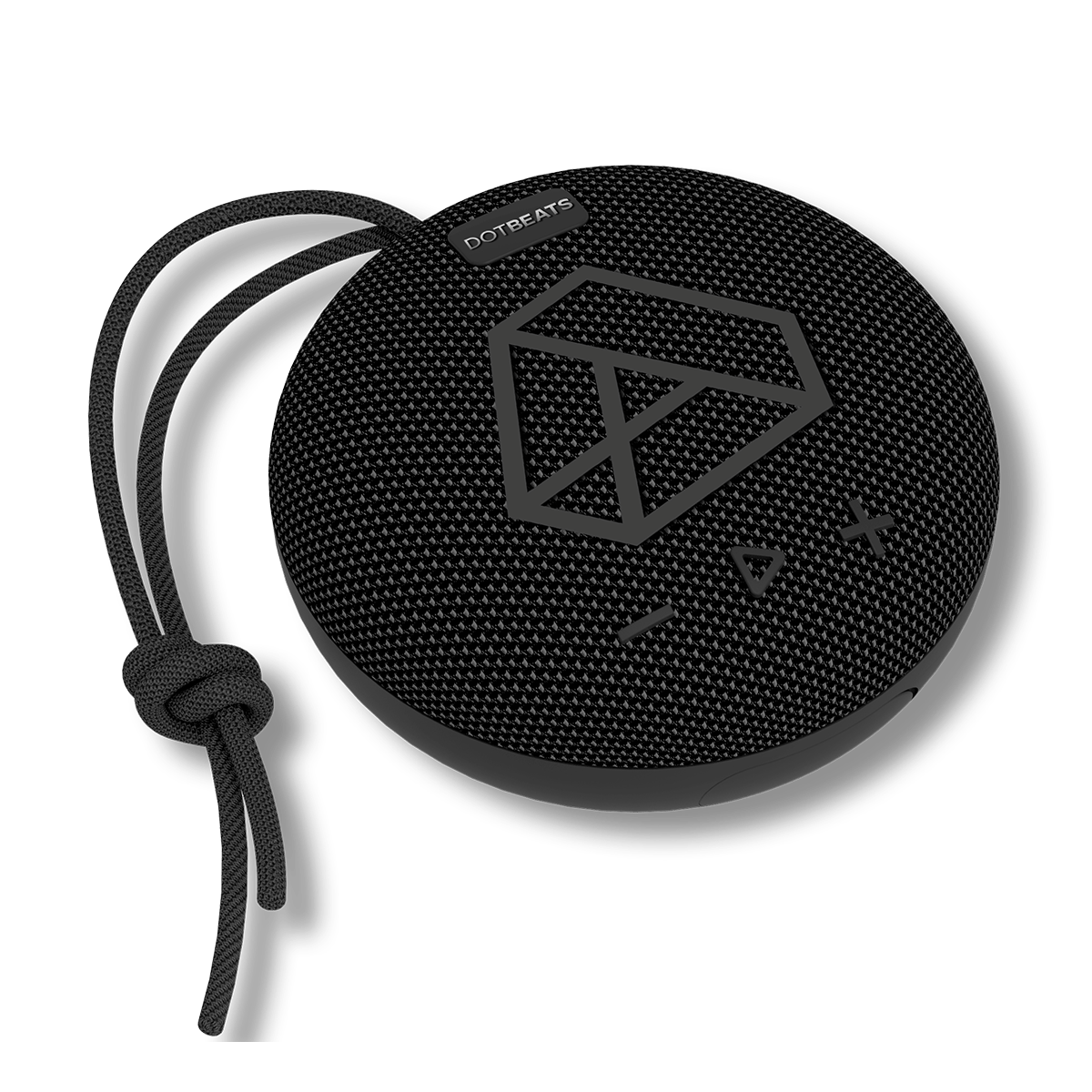 DOTBEATS Mini Wireless Bluetooth Speaker, Black, Left Side, Three-quarter Angle View.