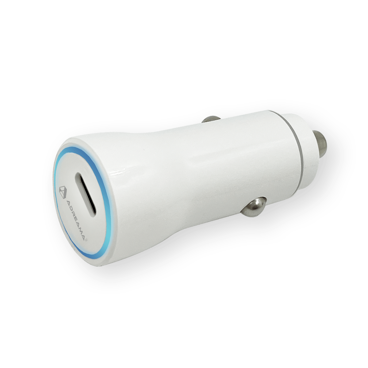 PD 20W Car Charger with USB-C Port and Charging Indicator LED Light, White, Angle View.