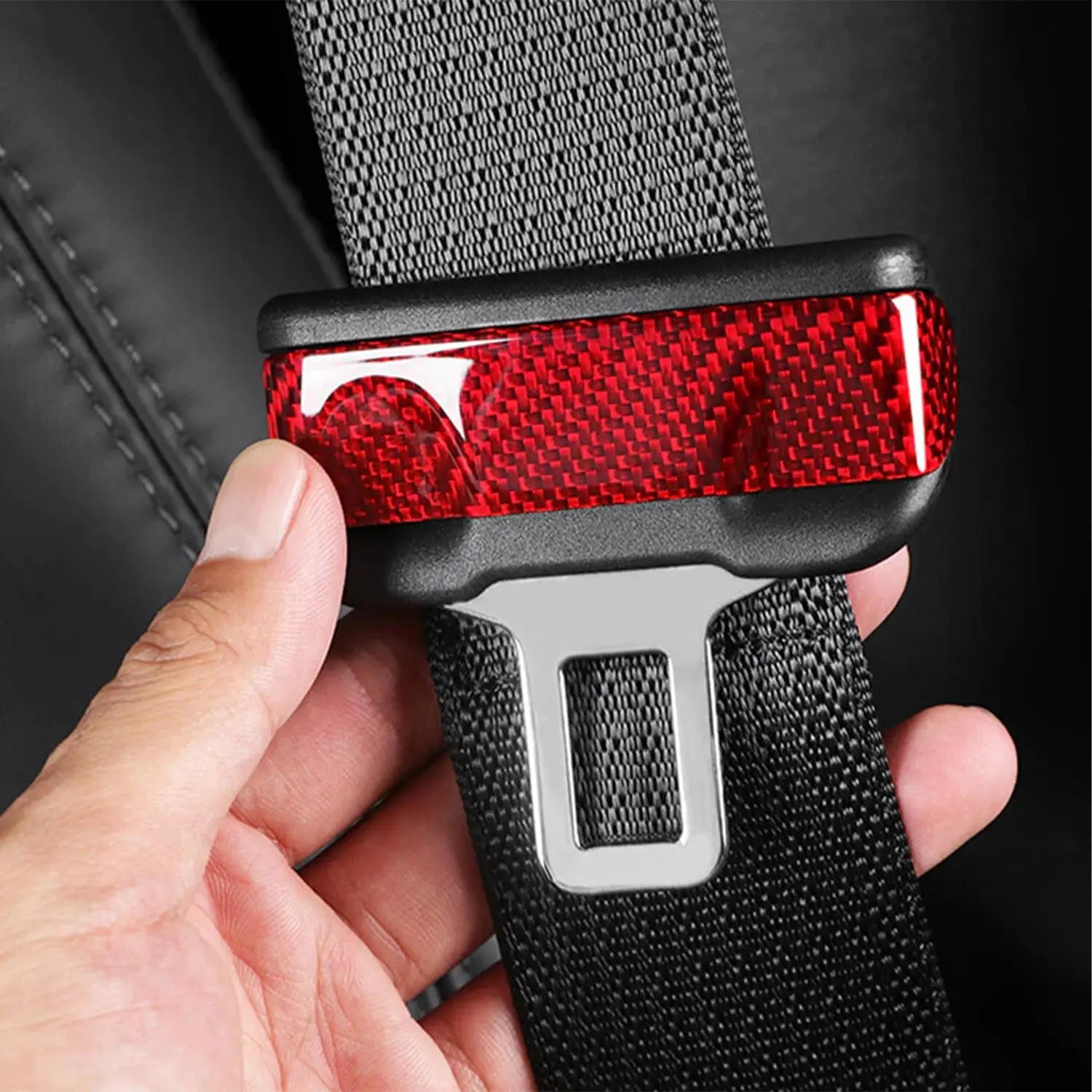 Experience Luxury and Durability with Adreama's Real Premium Carbon Fiber Seat Belt Latch Covers for Tesla Model 3