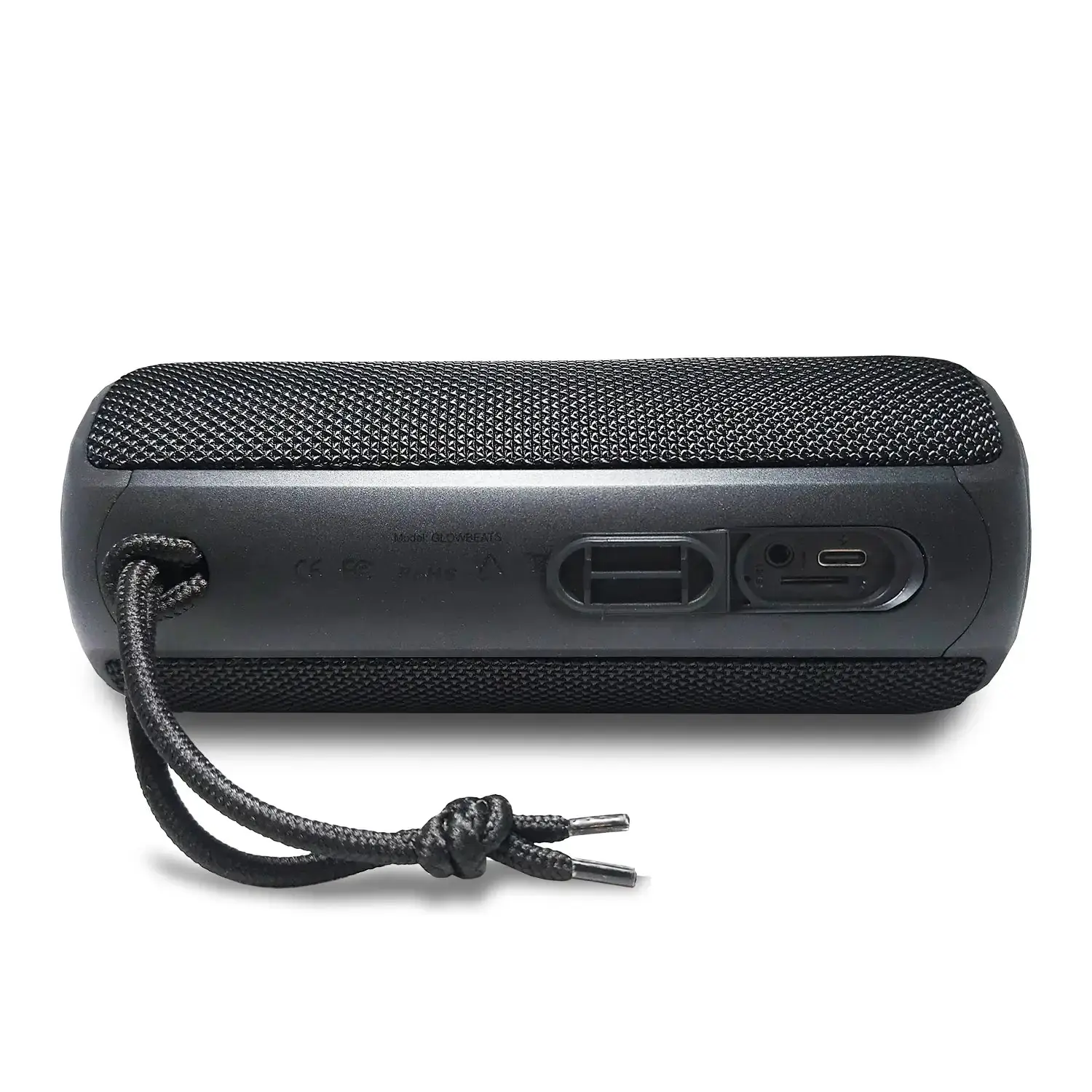 GLOWBEATS Wireless Bluetooth Speaker, Black, Side Angle, Showing accessible USB-C port, SD Card Slot, and AUX Cable Connection.
