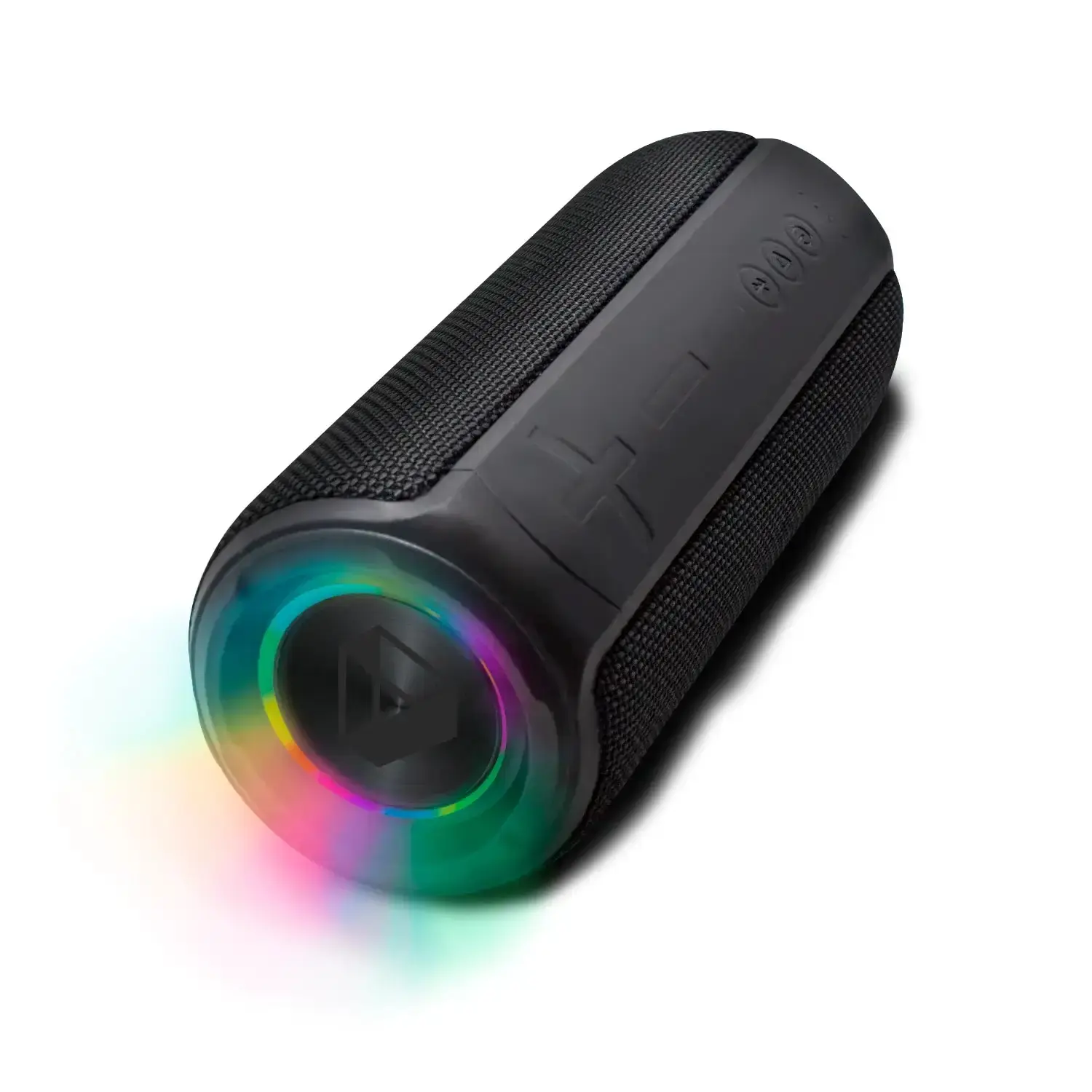 GLOWBEATS Wireless Bluetooth Speaker, Black, Bottom Angle, with RGB lights illuminating the bottom.