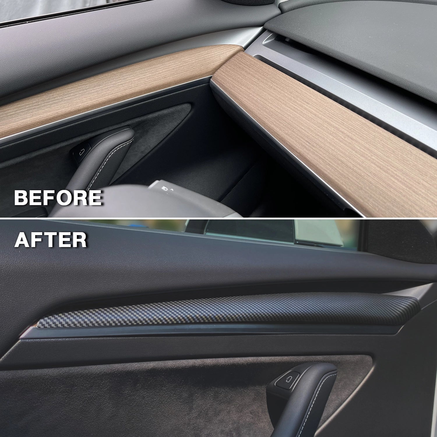 Adreama Tesla Model 3 Year 2021+ Real Dry Carbon Fiber Interior Door Trim Cover (2 pcs) (Ships Within 5-7 Days)