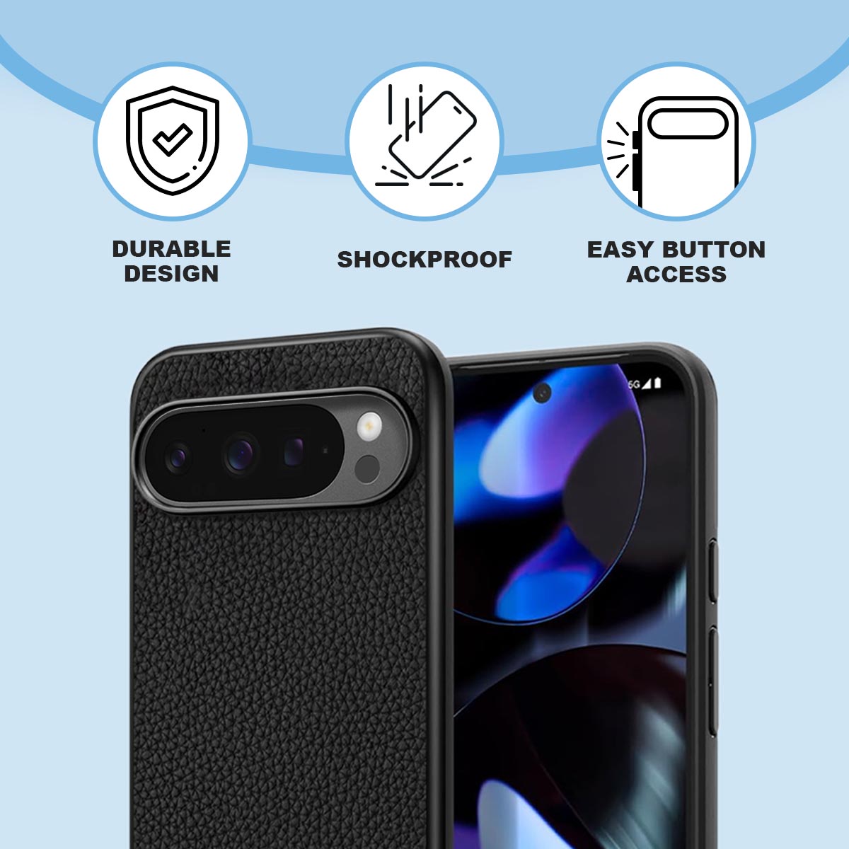 Adreama Vegan Leather Shockproof Google Pixel 9 Pro XL Black Phone Case