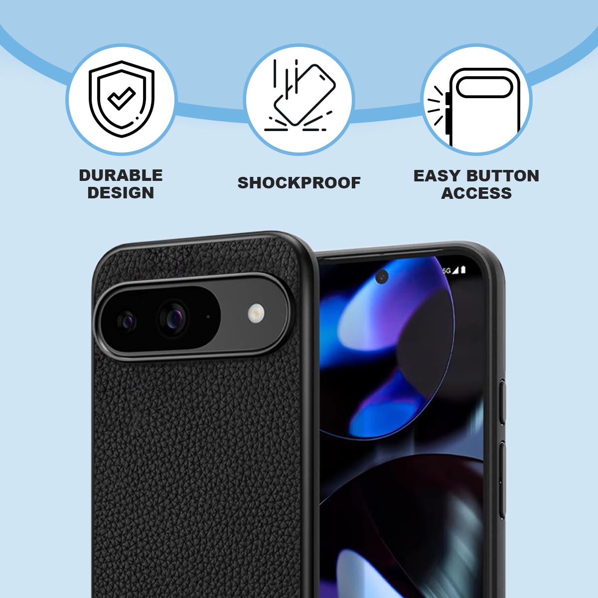 Adreama Vegan Leather Shockproof Google Pixel 9/9Pro Black Phone Case