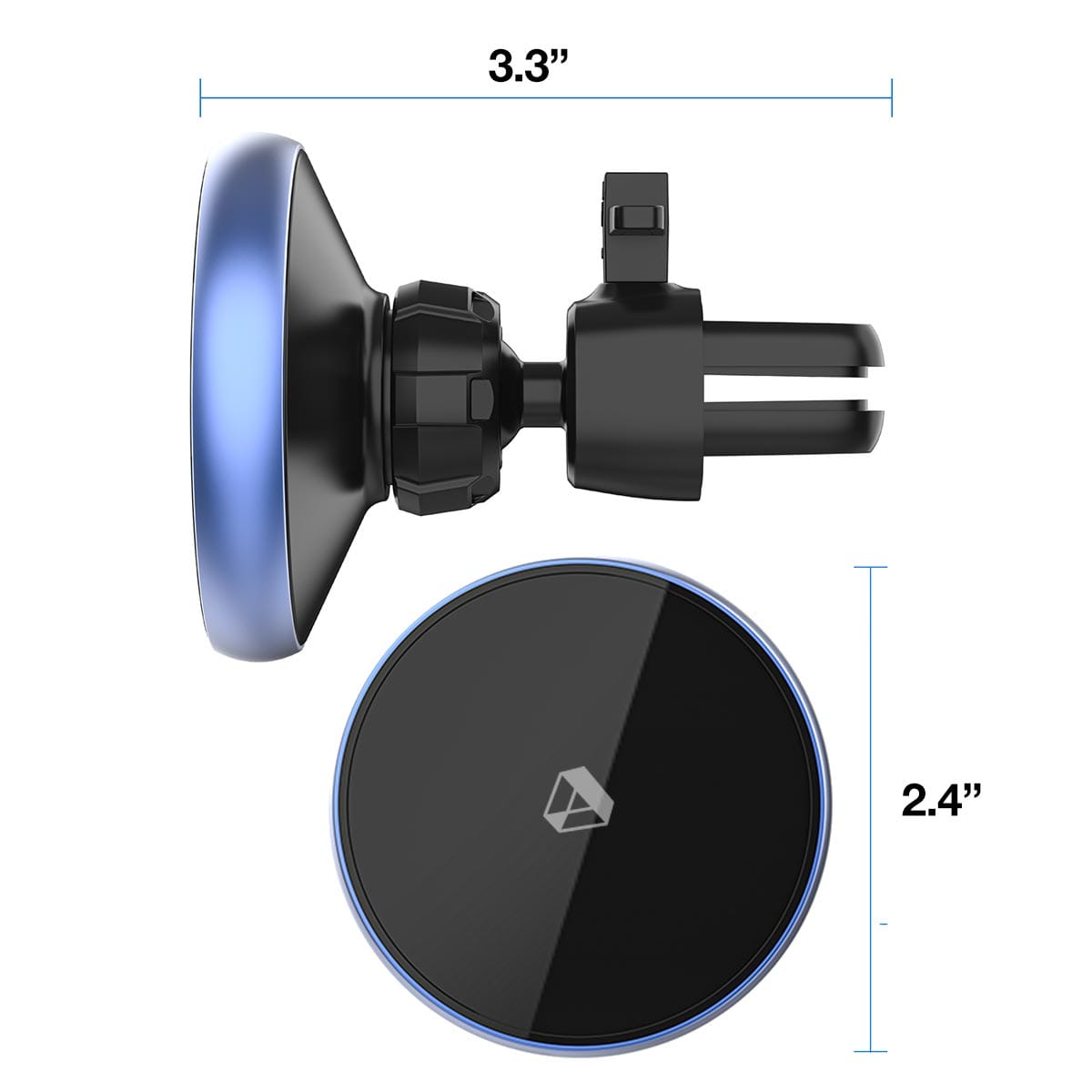 MagSafe Phone Car Mount, Side View and Front View, Displaying Its Dimensions.