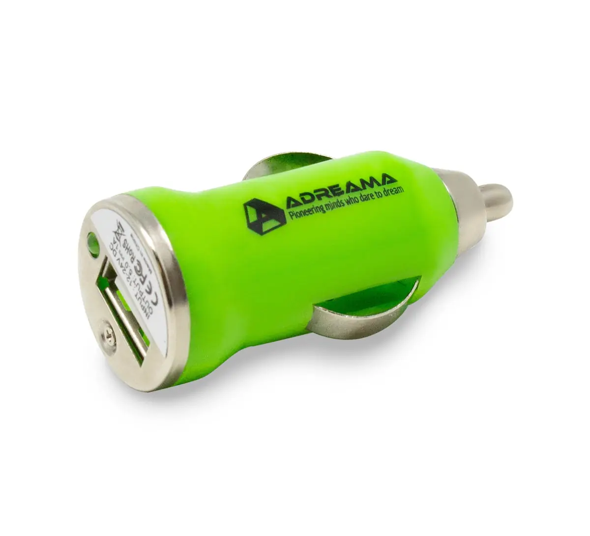 Car Charger with USB-A Port, Green, Angle View.