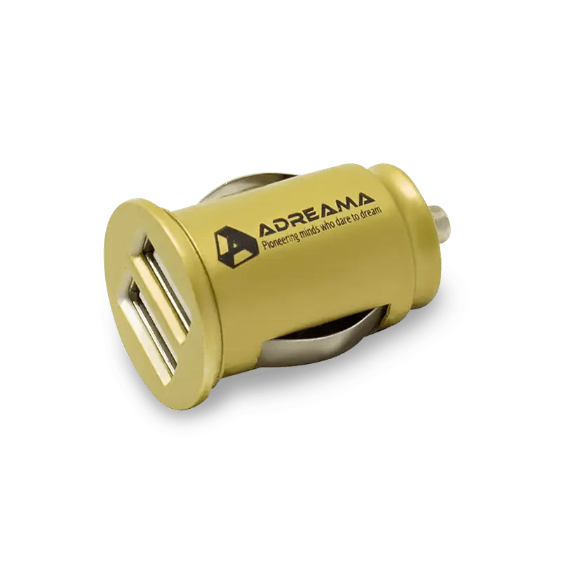 Car Charger with Dual USB-A Ports, Gold, Angle View.