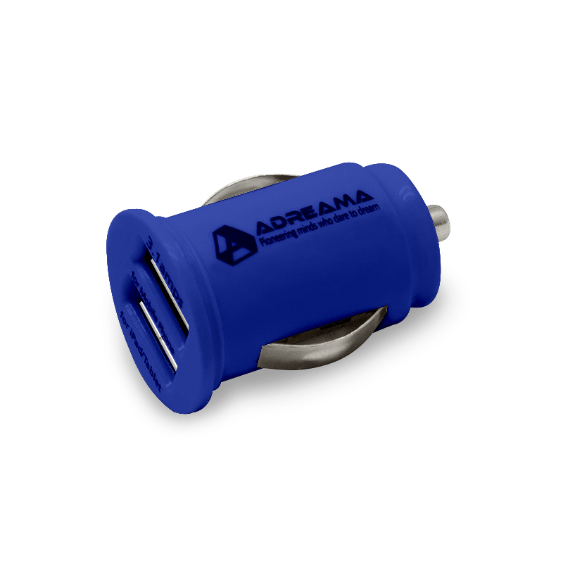 Car Charger with Dual USB-A Ports, Blue, Angle View.