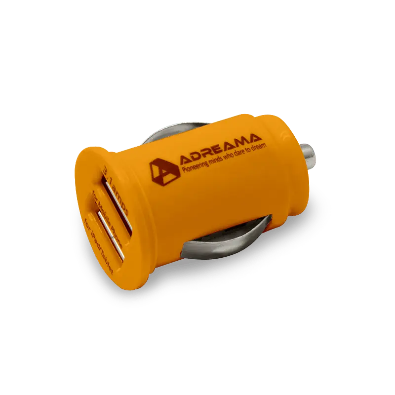 Car Charger with Dual USB-A Ports, Orange, Angle View.