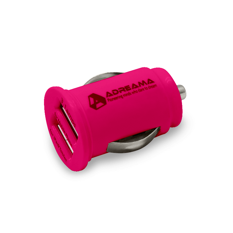 Car Charger with Dual USB-A Ports, Pink, Angle View.