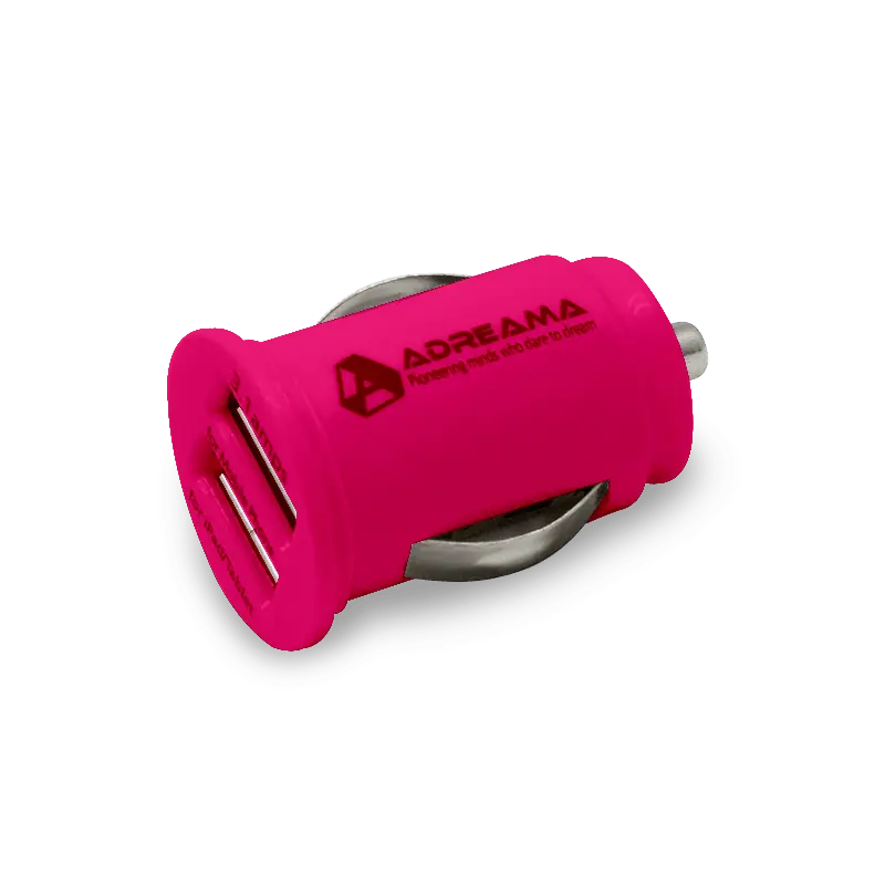 Car Charger with Dual USB-A Ports, Pink, Angle View.