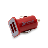 Car Charger with Two USB-A Ports, Red, Angle View.
