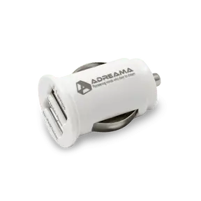 Car Charger with Dual USB-A Ports, White, Angle View.
