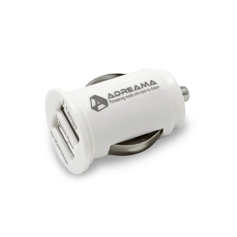 Car Charger with Dual USB-A Ports, White, Angle View.