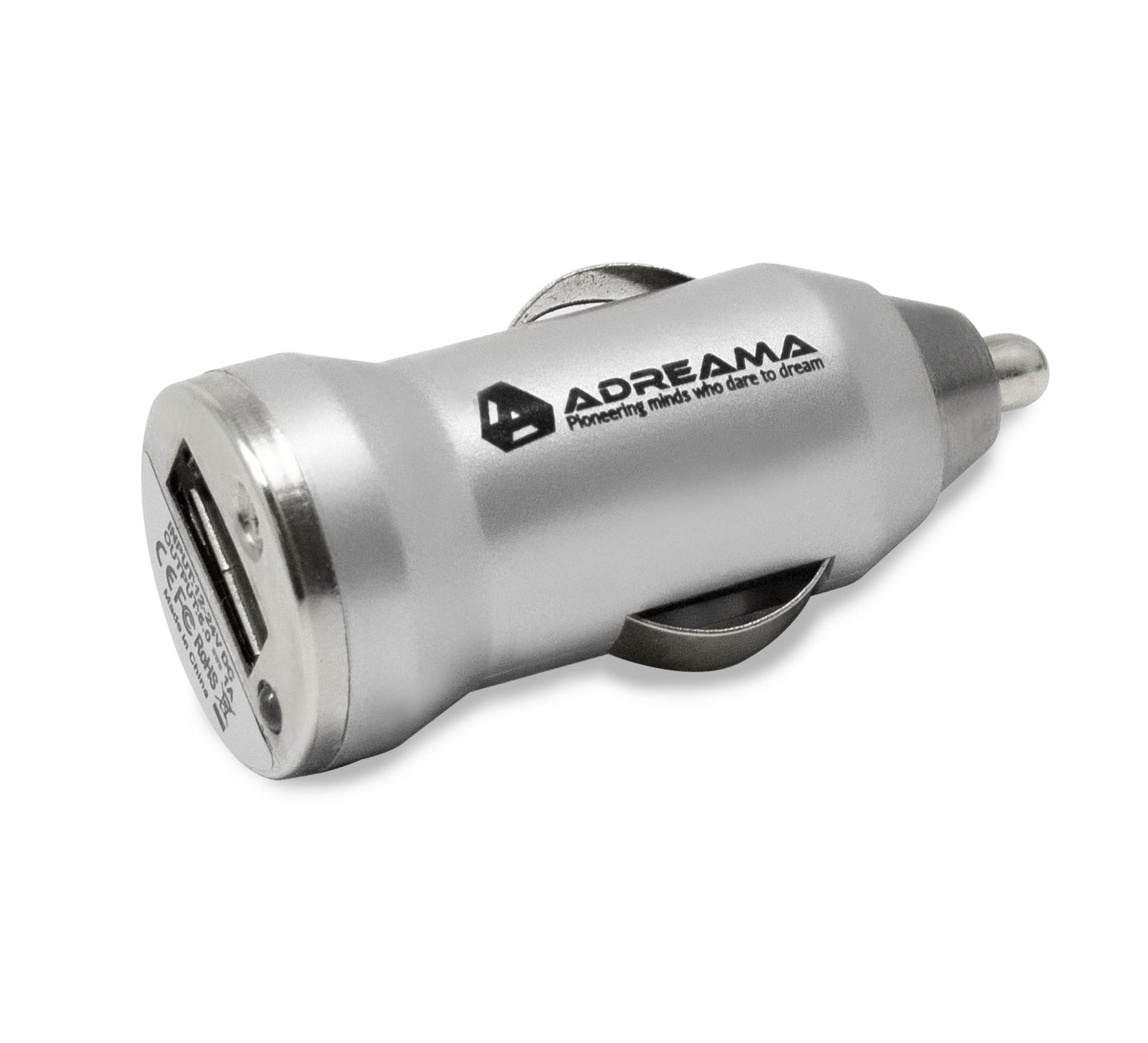 Car Charger with USB-A Port, Silver, Angle View.