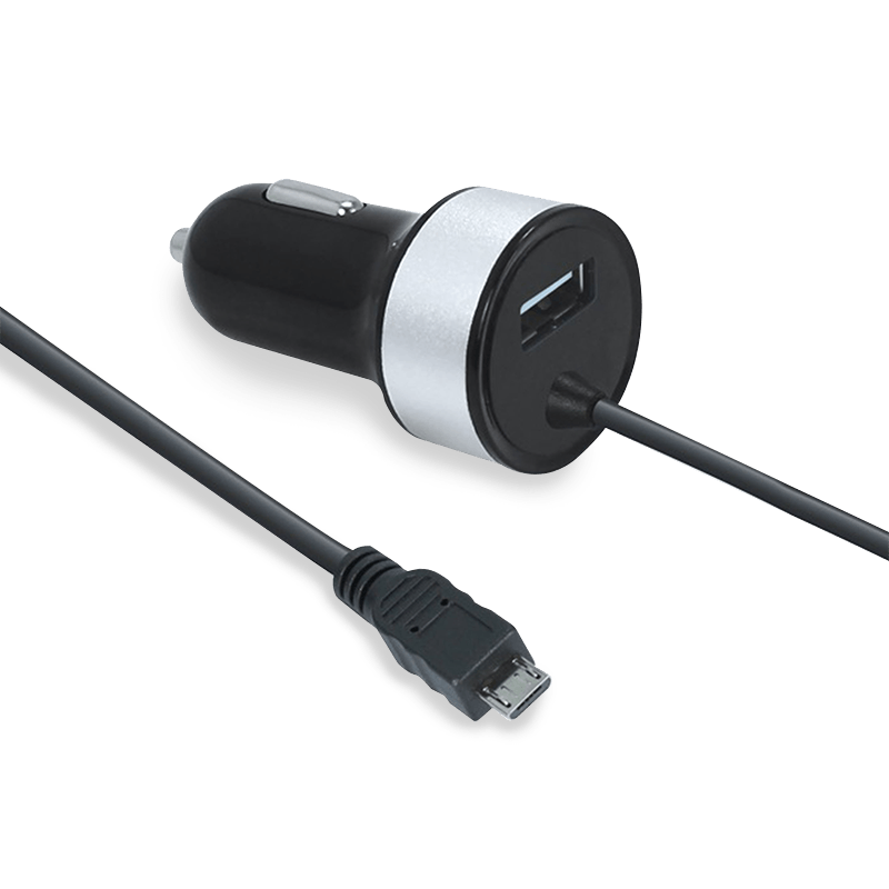 Car Charger with Built-in Micro USB Cable and USB-A Port, Black, Angle View.