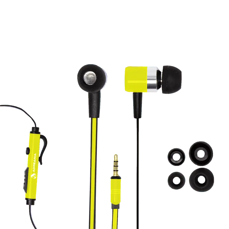 Wired Earphones with Mic, Audio Jack, and Replacement Earbuds, Yellow Color.