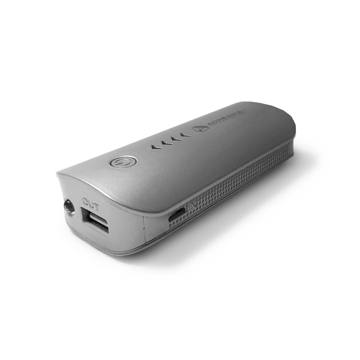 6000mAh Power Bank, Portable Charger with USB-A Port, Silver, Three-quarter Angle View.