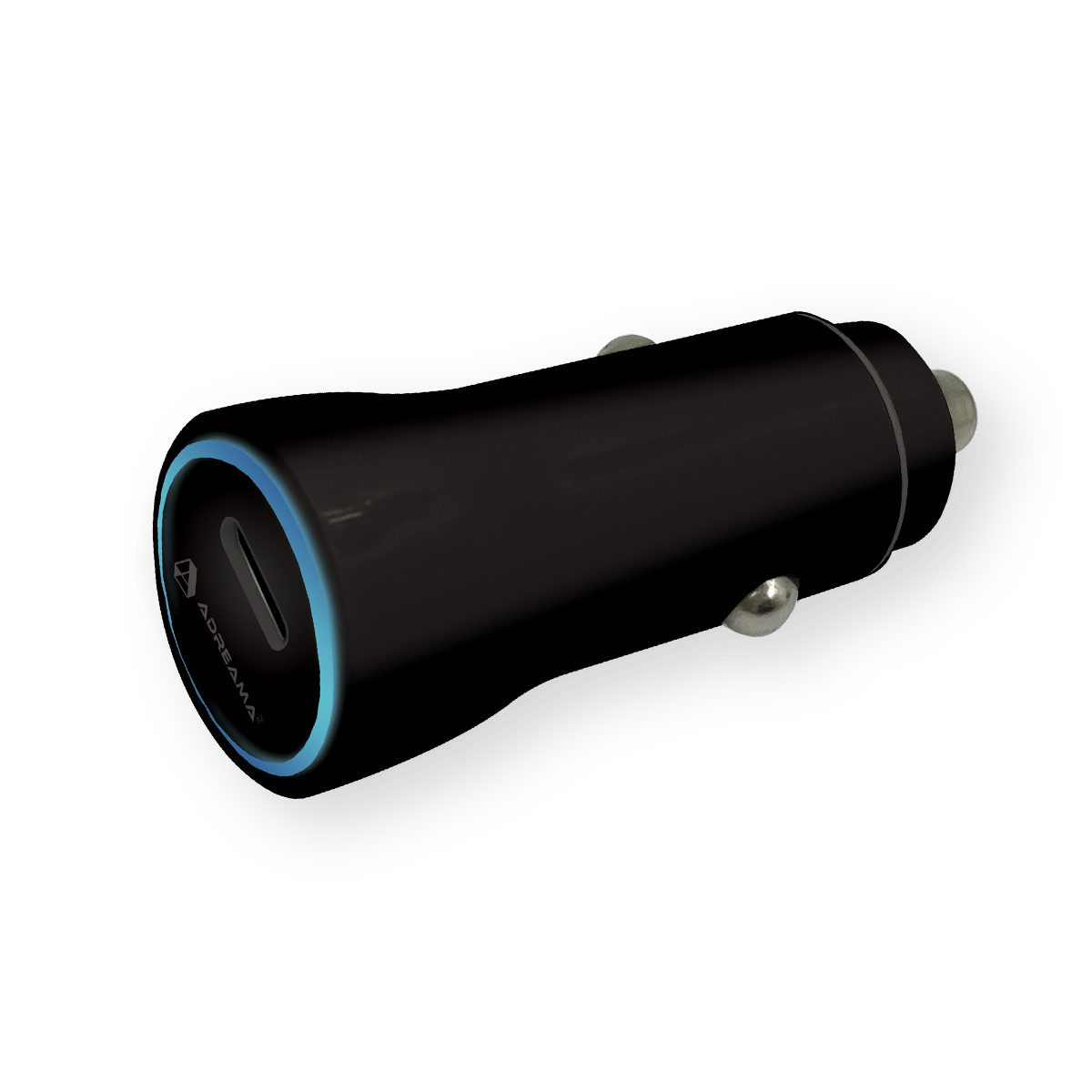 PD 20W Car Charger with USB-C Port and Charging Indicator LED Light, Black, Angle View.
