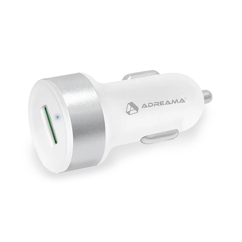 QC 3.0 18W Car Charger with USB-A Port, White, Angle View.