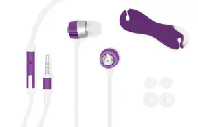 Wired Earphones with Jewel, Mic, Audio Jack, Cord Clip, and Replacement Earbuds, Purple Color.
