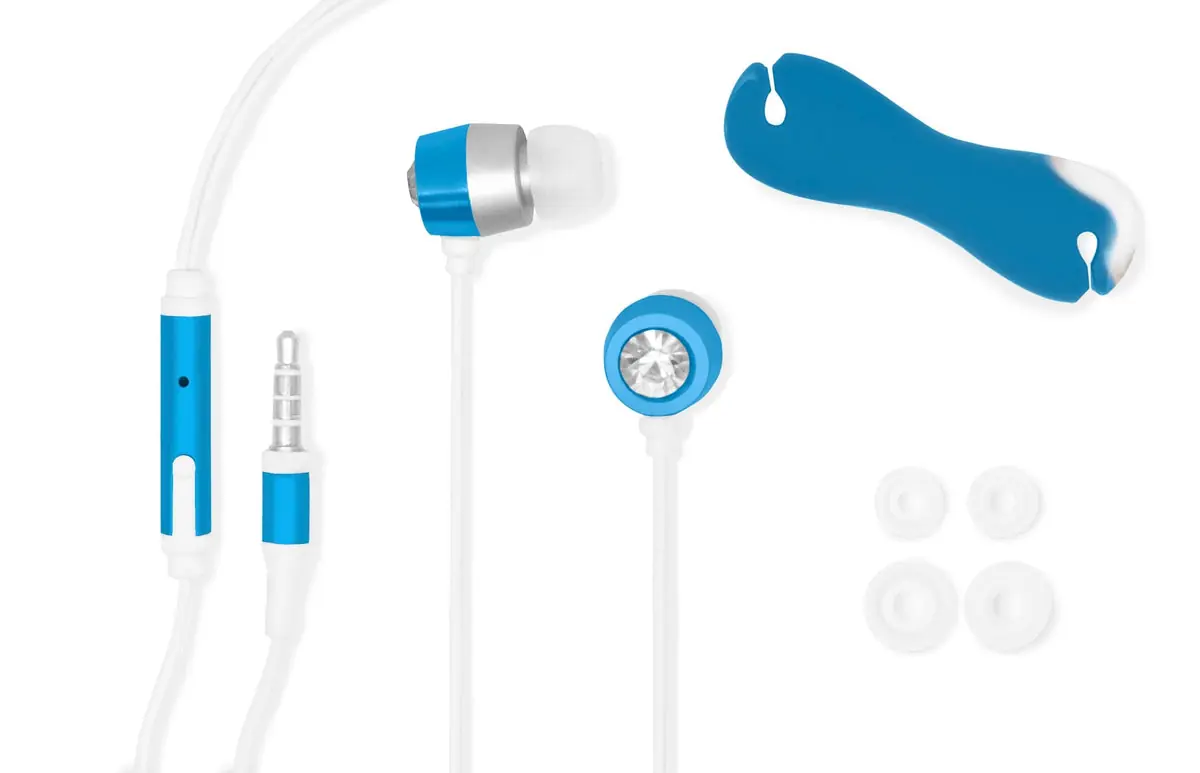 Wired Earphones with Jewel, Mic, Audio Jack, Cord Clip, and Replacement Earbuds, Blue Color.