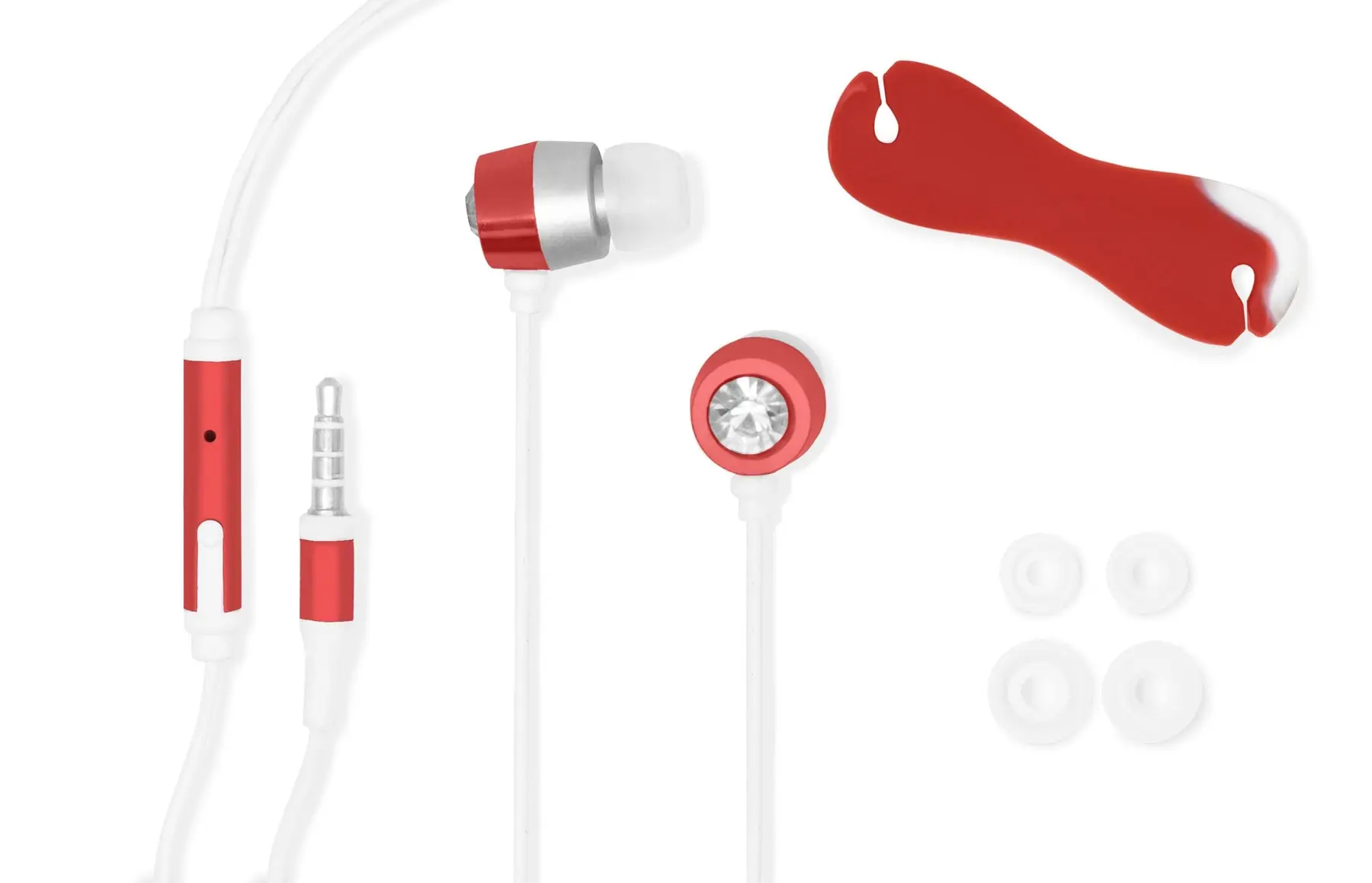 Wired Earphones with Jewel, Mic, Audio Jack, Cord Clip, and Replacement Earbuds, Red Color.
