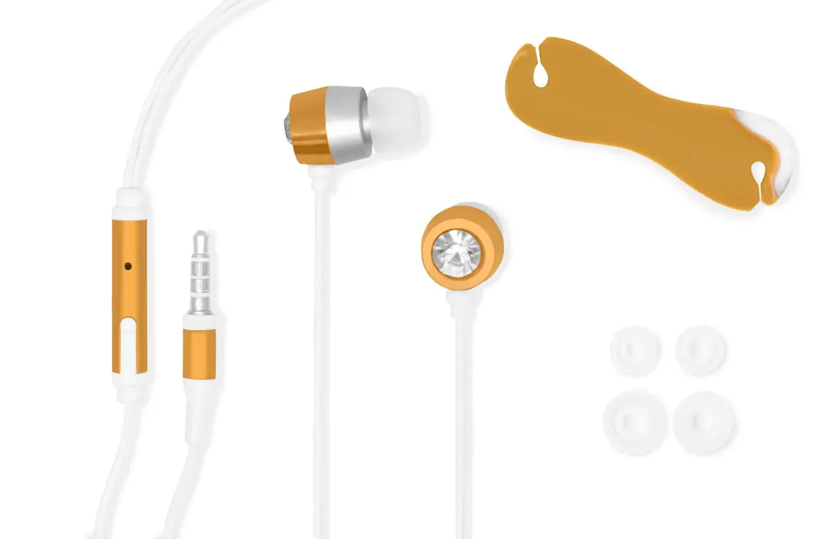 Wired Earphones with Jewel, Mic, Audio Jack, Cord Clip, and Replacement Earbuds, Orange Color.