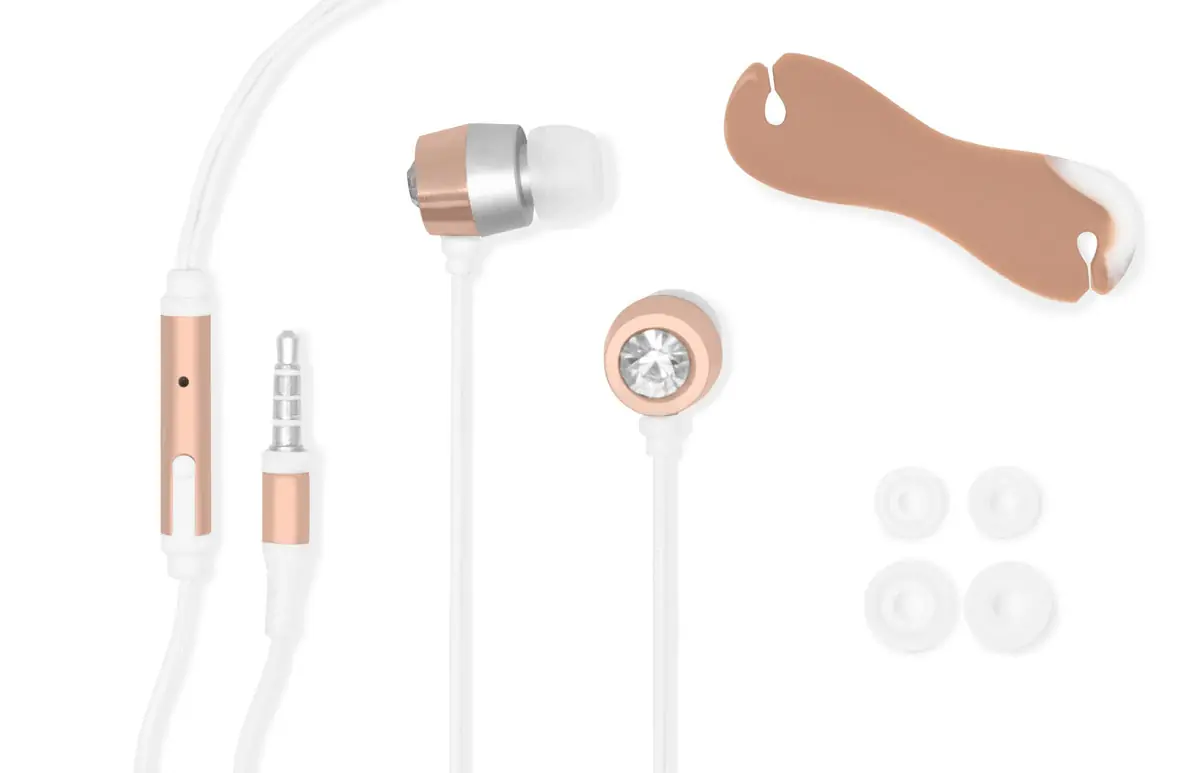 Wired Earphones with Jewel, Mic, Audio Jack, Cord Clip, and Replacement Earbuds, Copper Color.