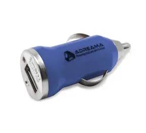 Car Charger with USB-A Port, Blue, Angle View.