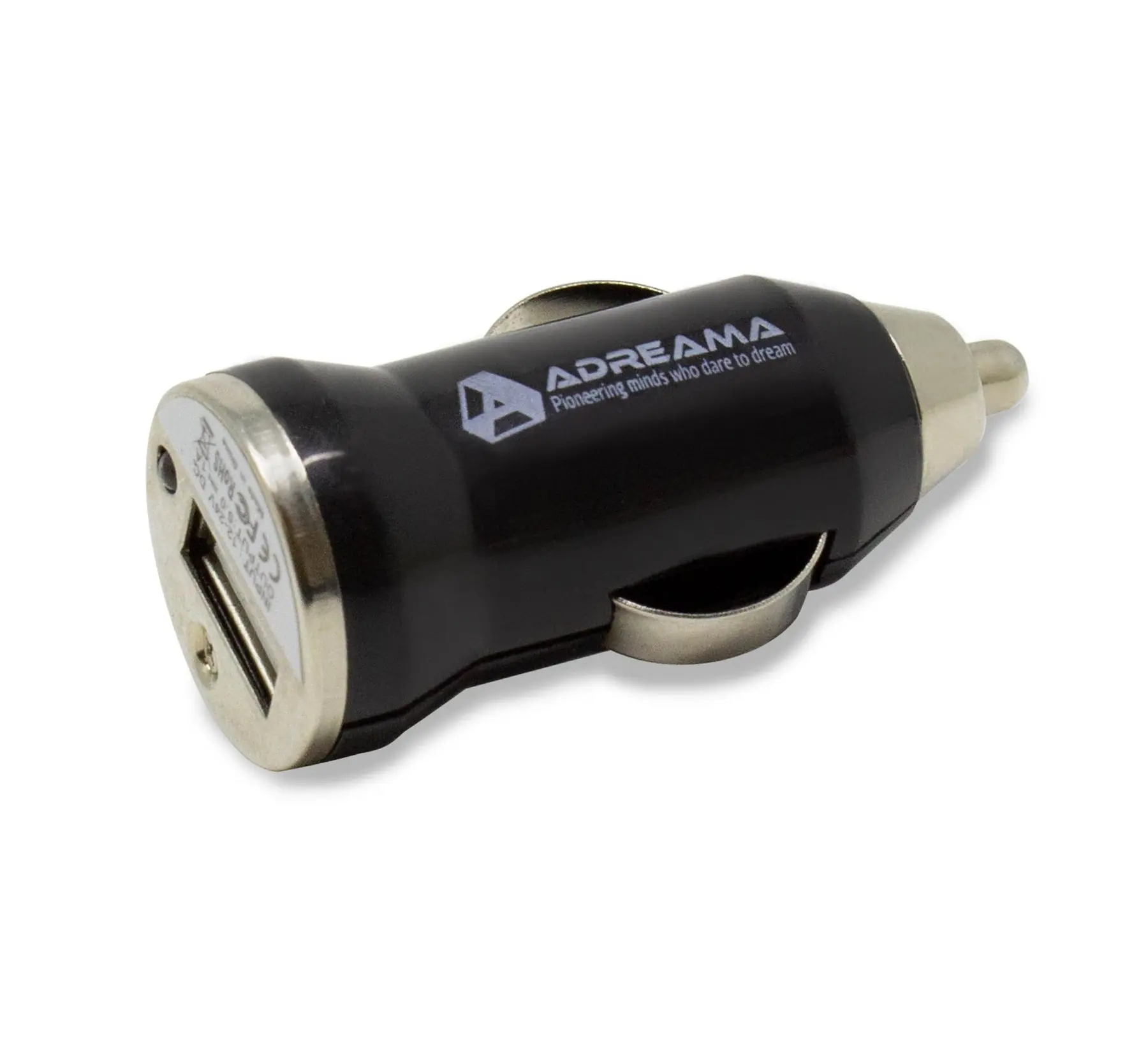 Car Charger with USB-A Port, Black, Angle View.