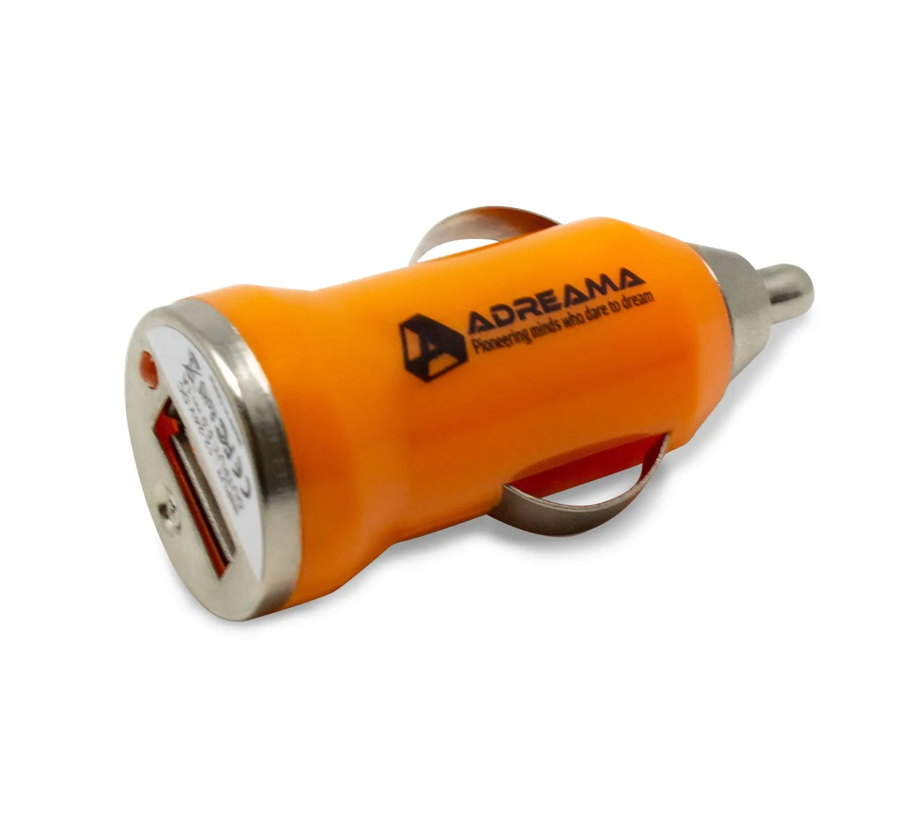 Car Charger with USB-A Port, Orange, Angle View.