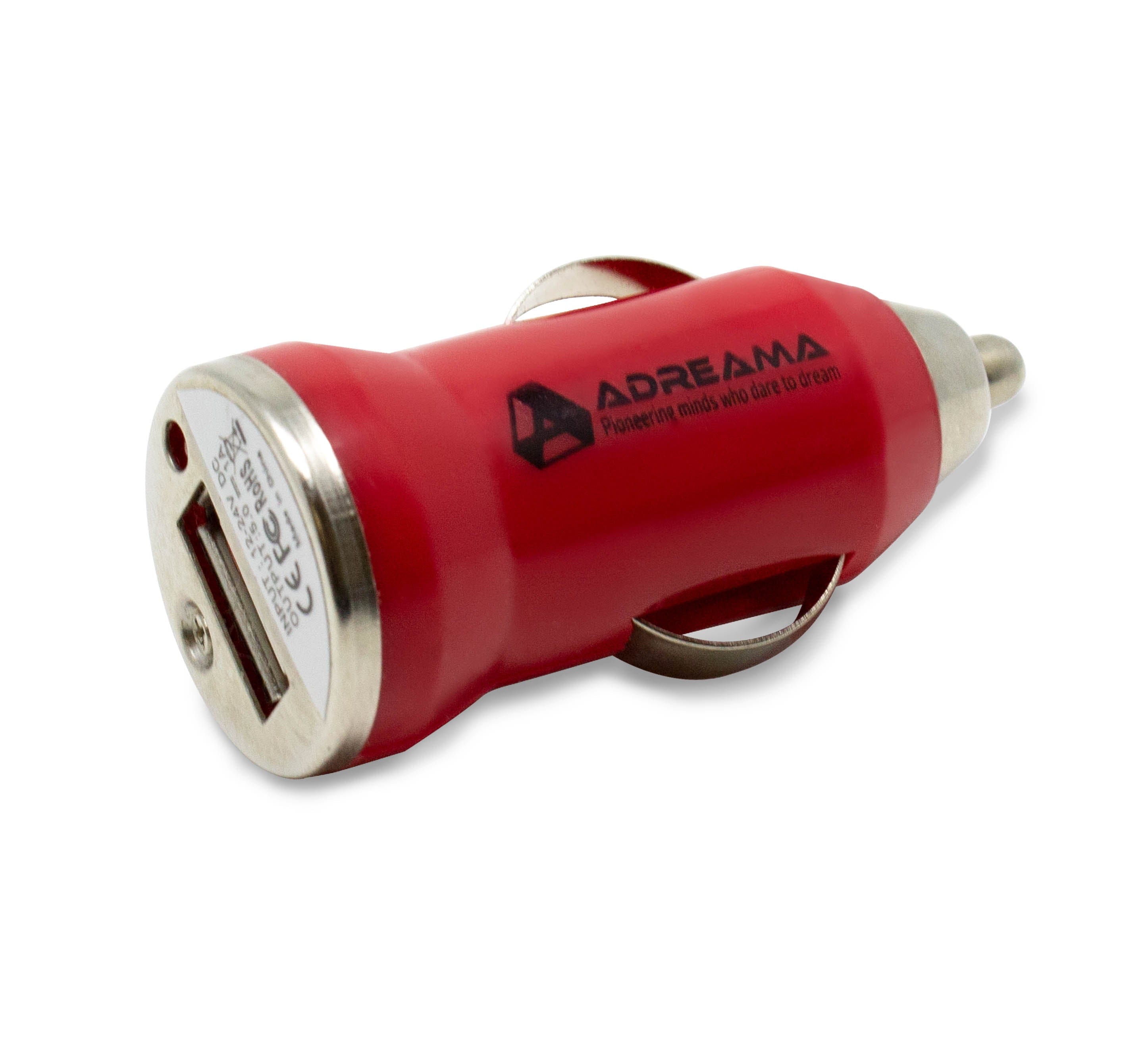 Car Charger with USB-A Port, Red, Angle View.