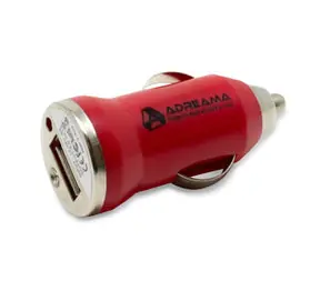 Car Charger with USB-A Port, Red, Angle View.
