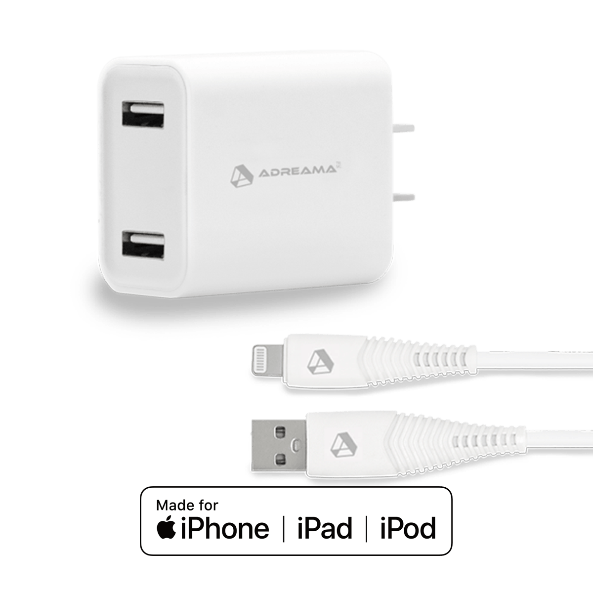 Fast Charge Wall Charger, 2 port + USB-A to Lightning Connector – for Apple devices