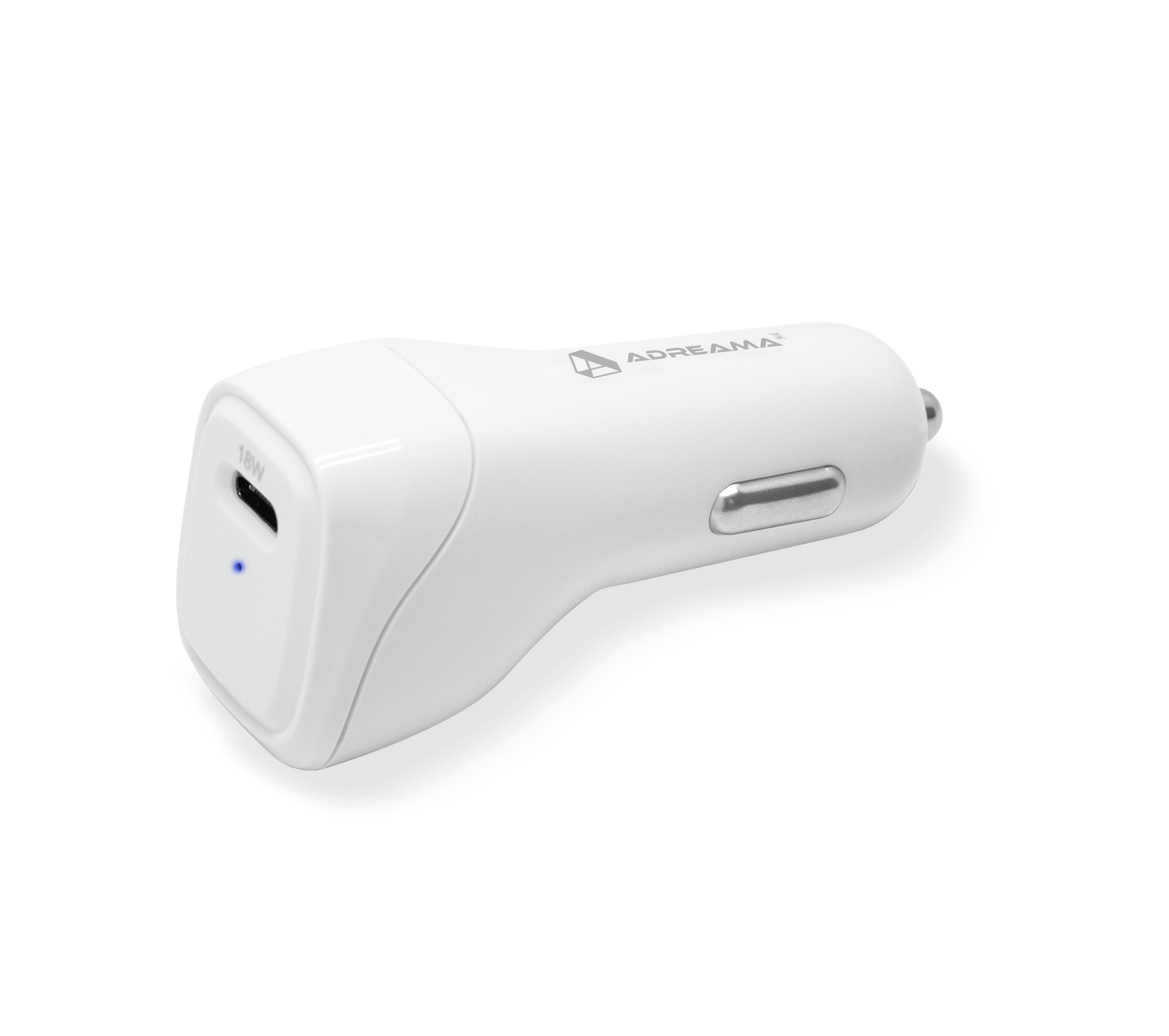 PD 18W Car Charger with USB-C Charging Port, White, Angle View.