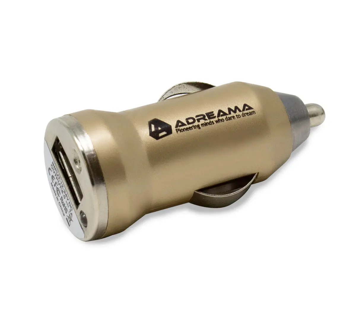 Car Charger with USB-A Port, Gold, Angle View.