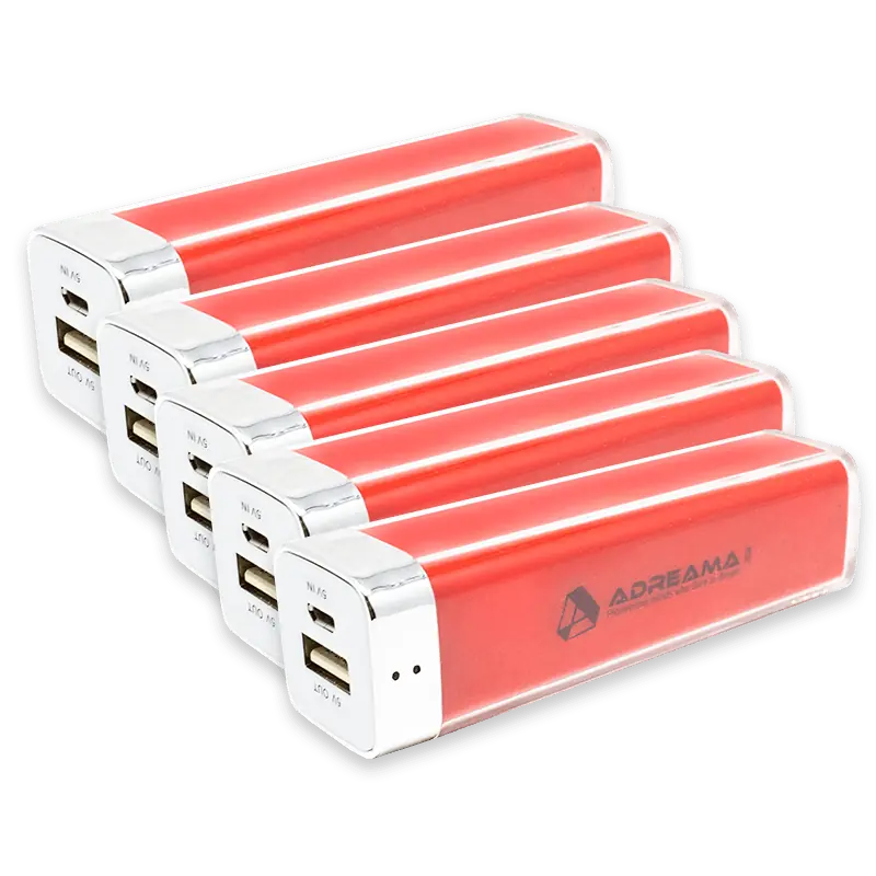 2800mAh Power Bank, Portable Charger with micro-USB and USB-A Ports, Red, Three-quarter Angle View, Five-Pack.
